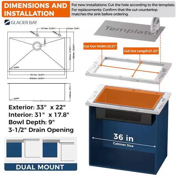 Open Box Glacier Bay 33 in. Drop-In Single Bowl 18 Gauge Gunmetal Black Stainless Steel Kitchen Sink by Selzalot