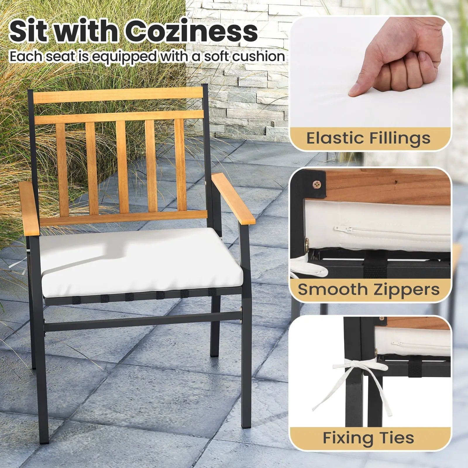 3 Pieces Outdoor Furniture Set Acacia Wood Patio Conversation Set with Cushions-White by DirectDeals