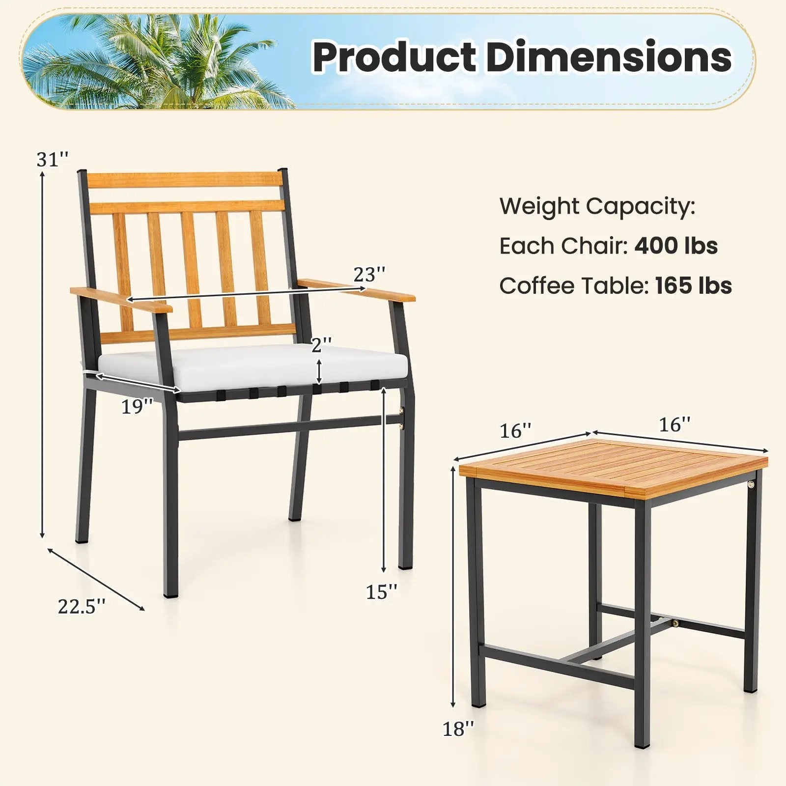 3 Pieces Outdoor Furniture Set Acacia Wood Patio Conversation Set with Cushions-White by DirectDeals