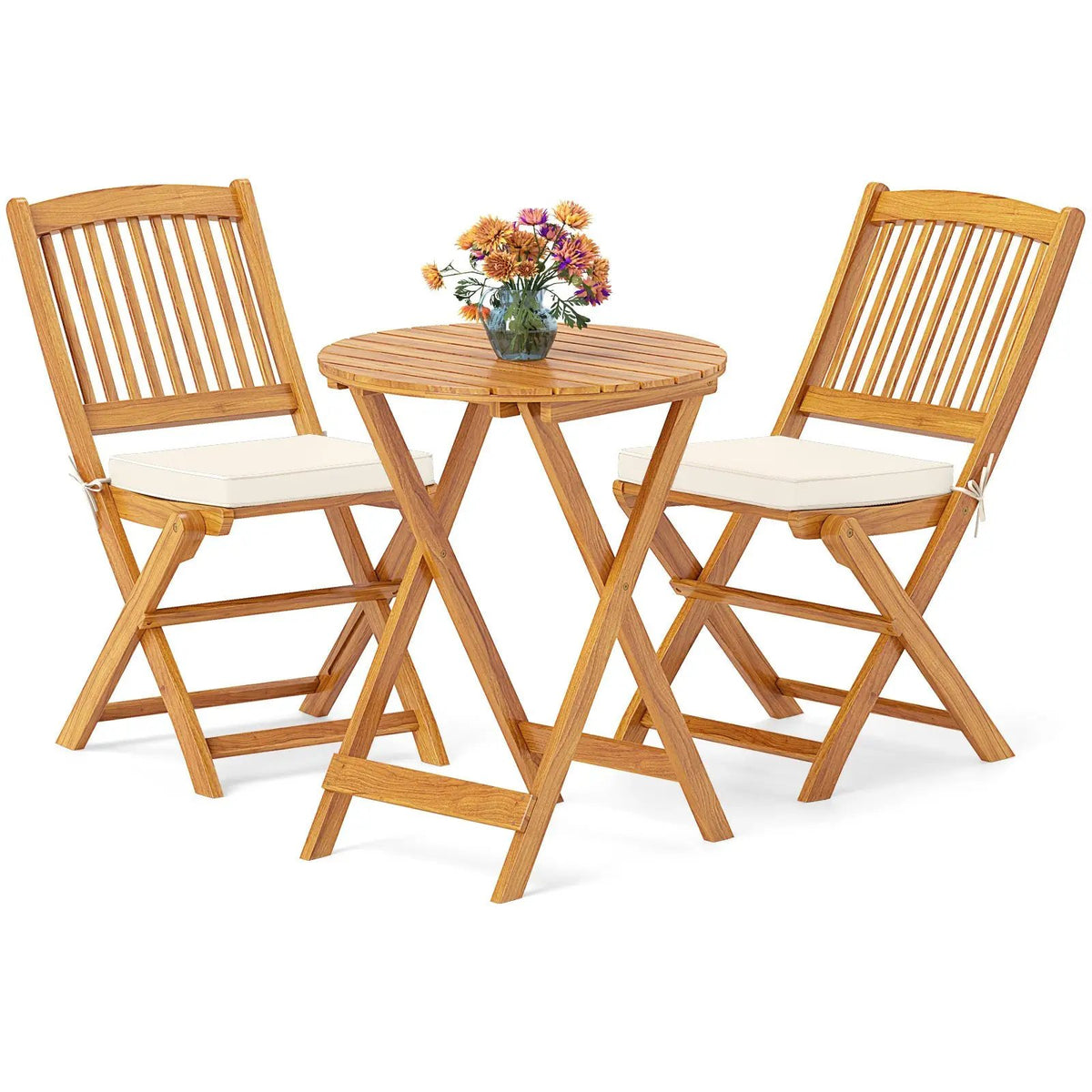 3 Pieces Acacia Wood Patio Folding Bistro Set with Soft Cushions, photo 4 of 9