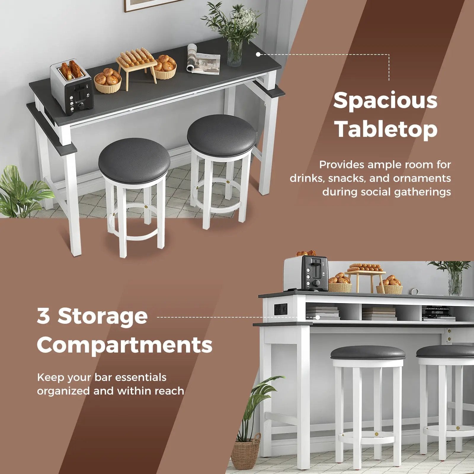 3-Piece Home Bar Set with 2 Upholstered Bar Stools Outlets and USB Ports by DirectDeals