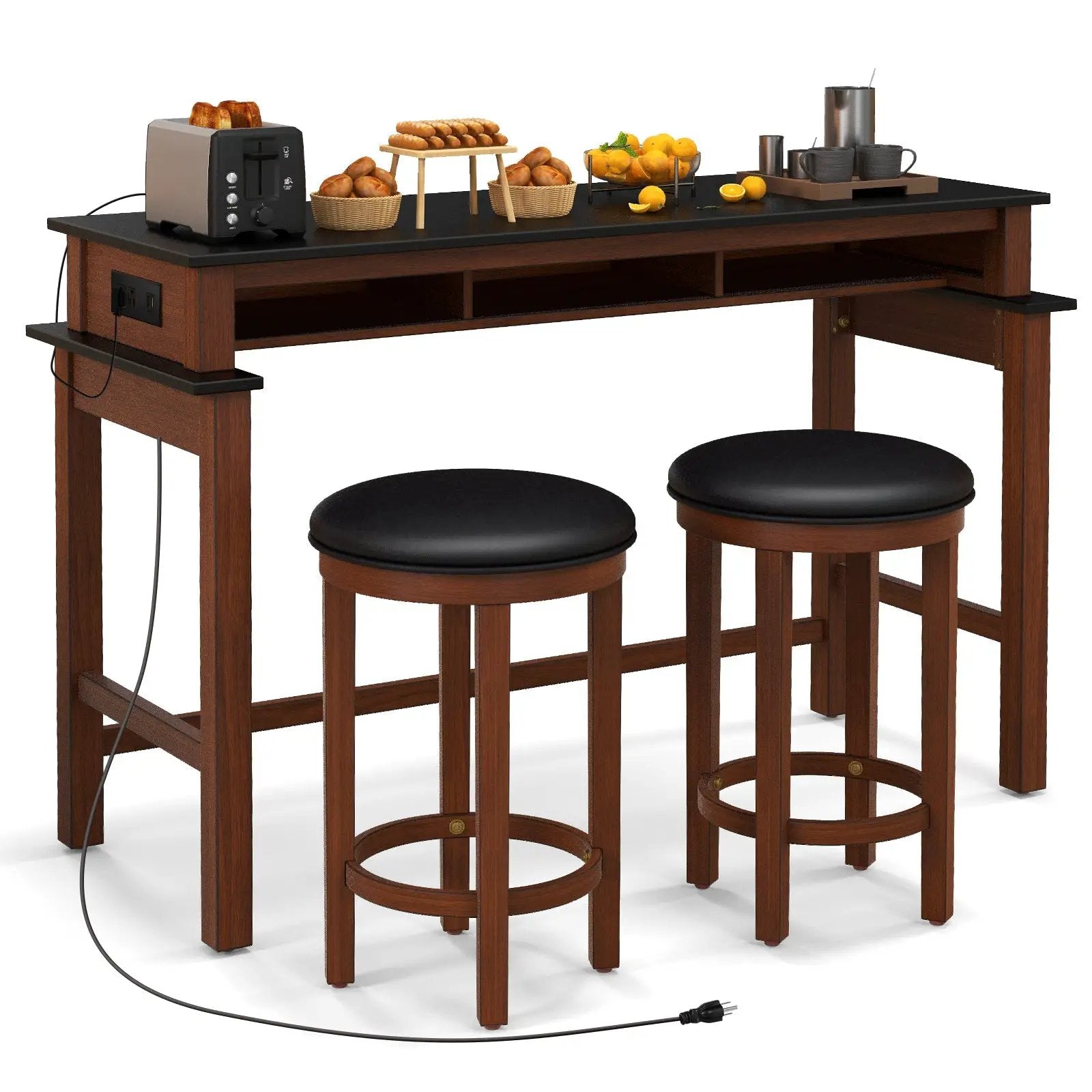 3-Piece Home Bar Set with 2 Upholstered Bar Stools Outlets and USB Ports by DirectDeals