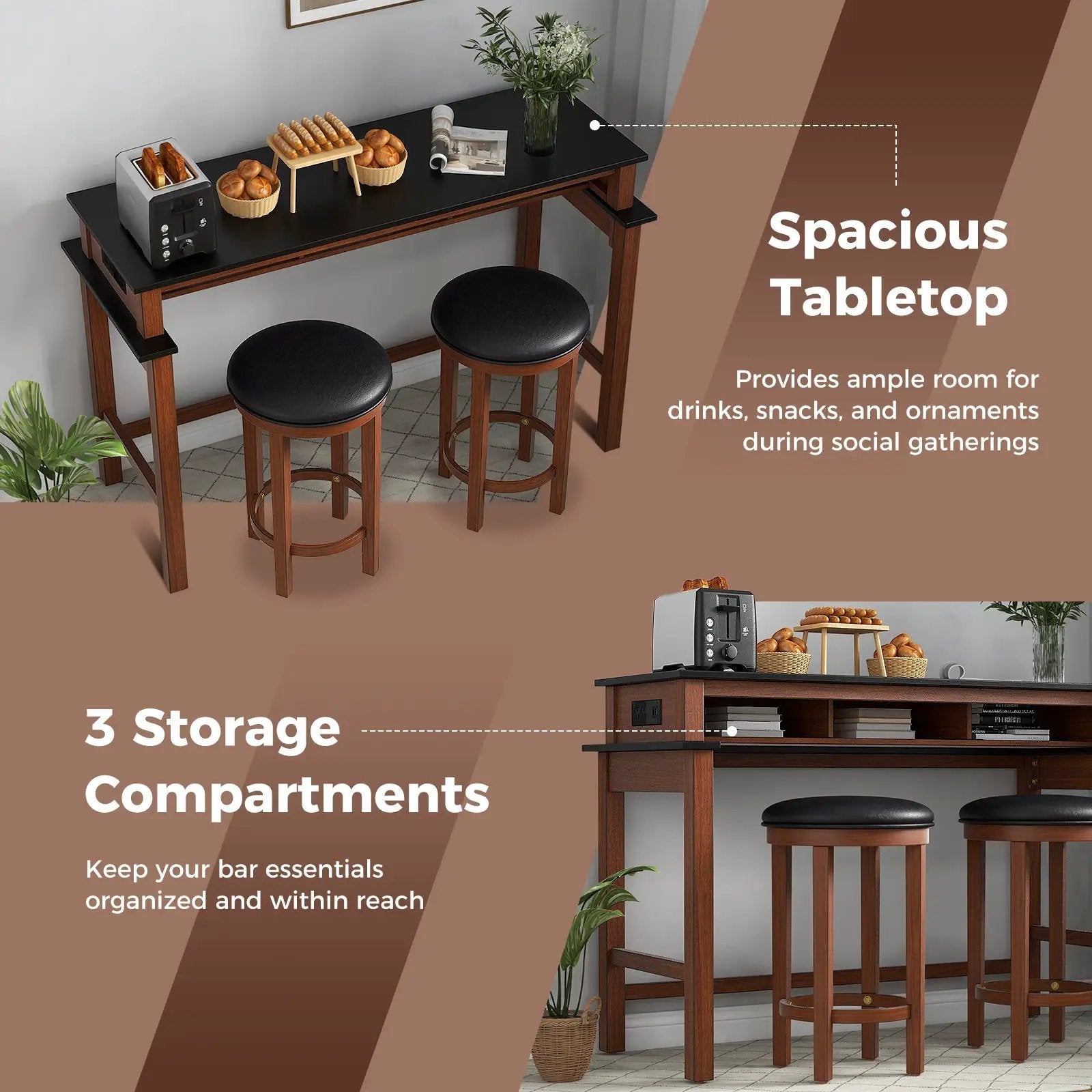 3-Piece Home Bar Set with 2 Upholstered Bar Stools Outlets and USB Ports by DirectDeals