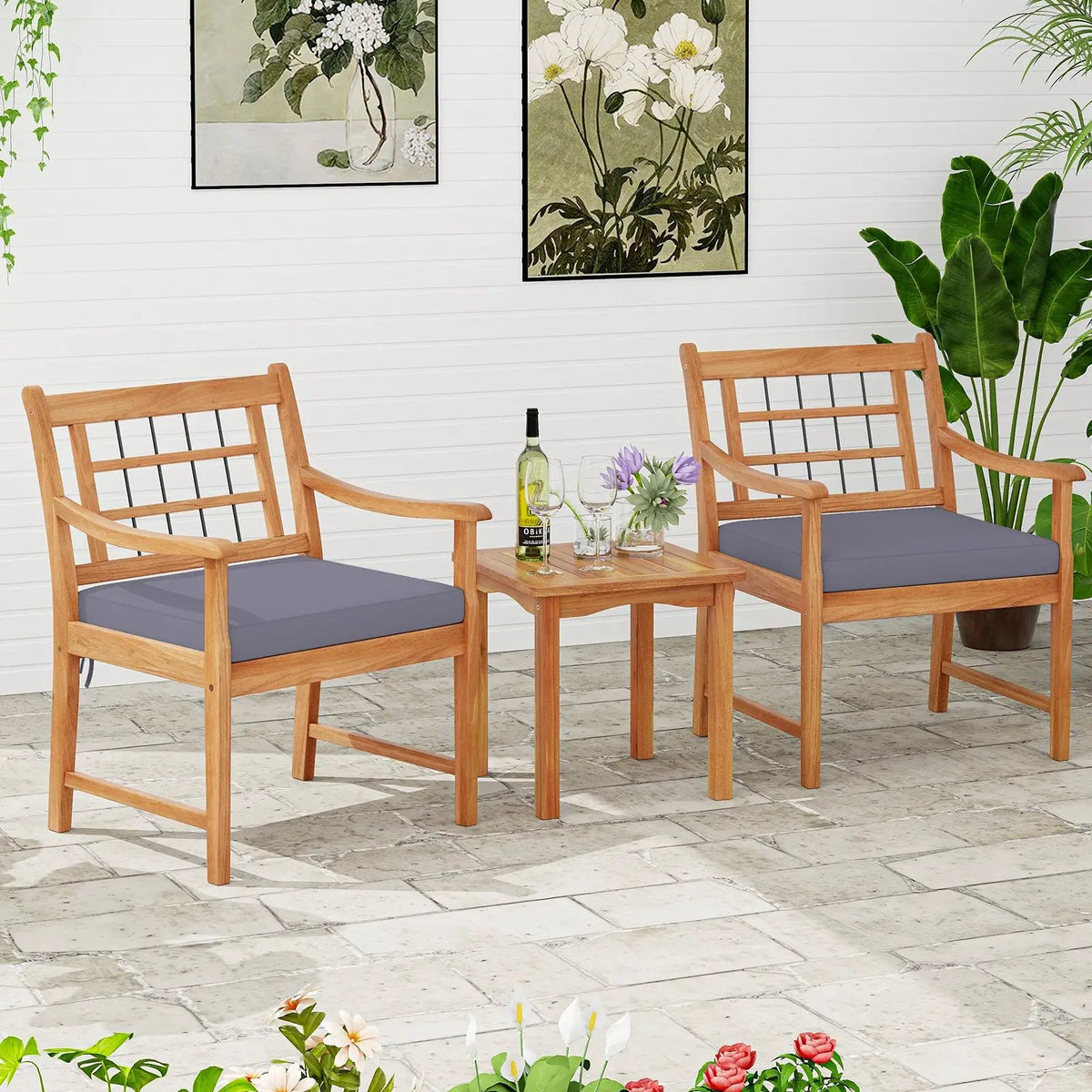 3 Piece Wood Patio Furniture Set with Seat Cushions and Acacia Wood Frame, photo 2 of 10