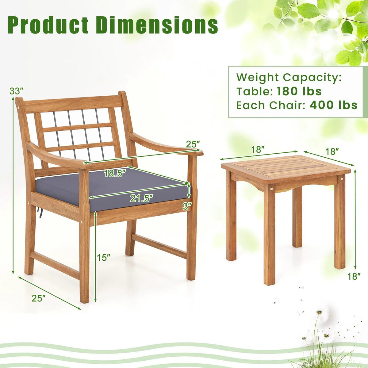 3 Piece Wood Patio Furniture Set with Seat Cushions and Acacia Wood Frame, photo 5 of 10