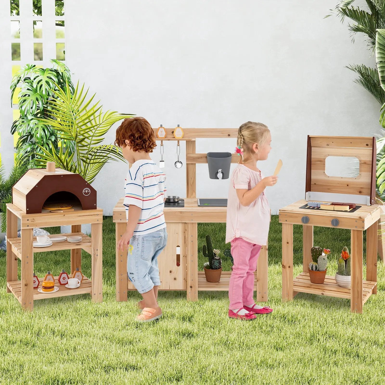 3-Piece Outdoor Kitchen Set Mud Kitchen with Separate BBQ Grill and Pizza Oven-Natural by DirectDeals