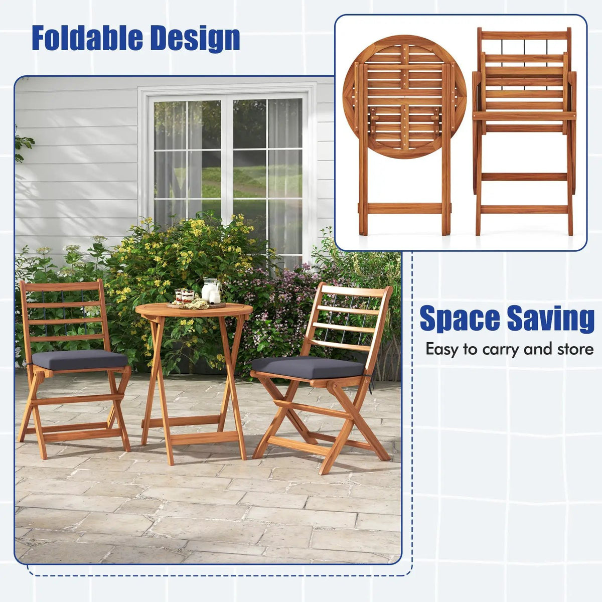 3 Pieces Acacia Wood Patio Bistro Set with Cushions, photo 6 of 9