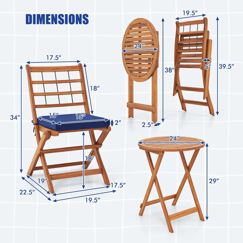 3 Pieces Acacia Wood Patio Bistro Set with Cushions by DirectDeals