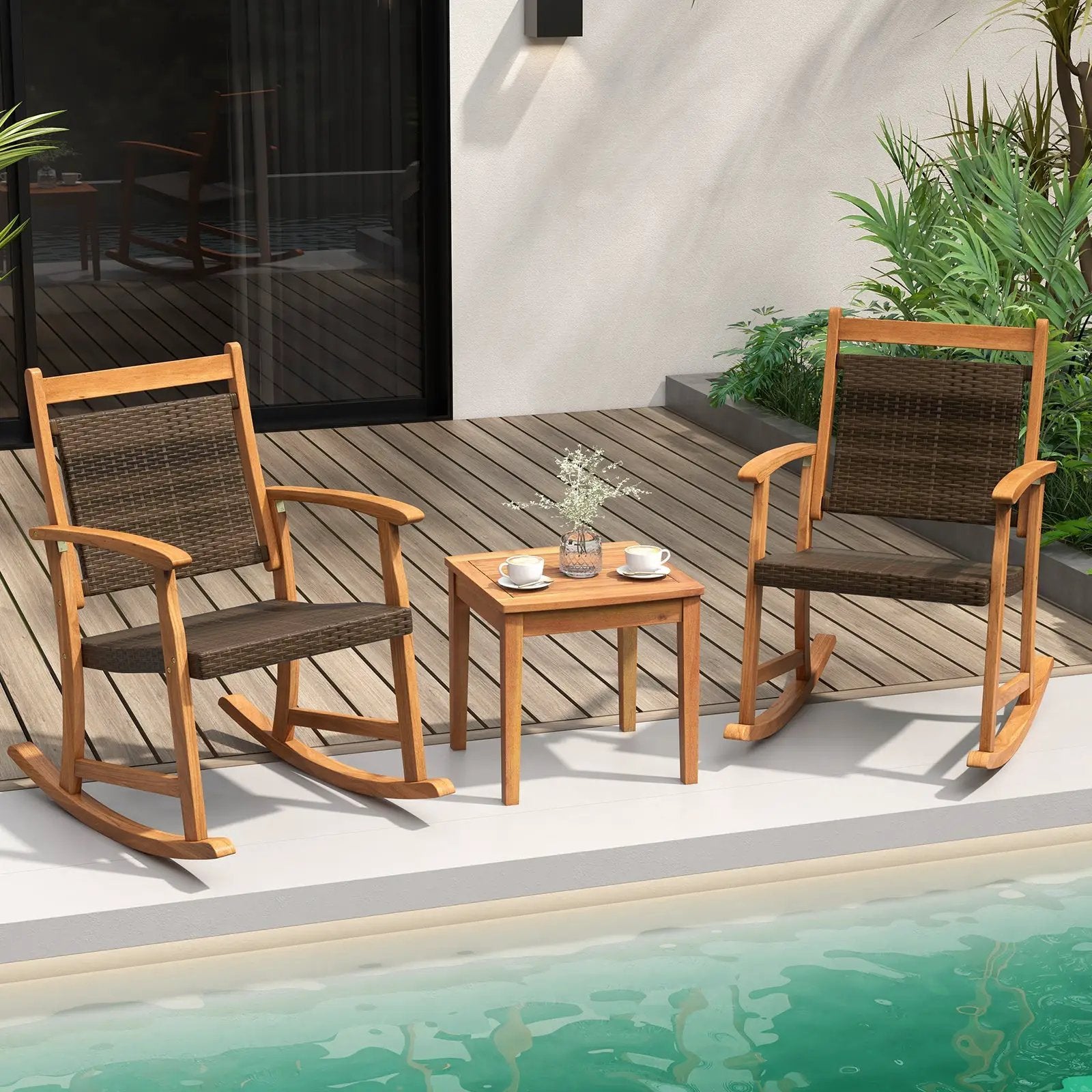 3 Pieces Acacia Wood Patio Rocking Chair Set with Side Table by DirectDeals
