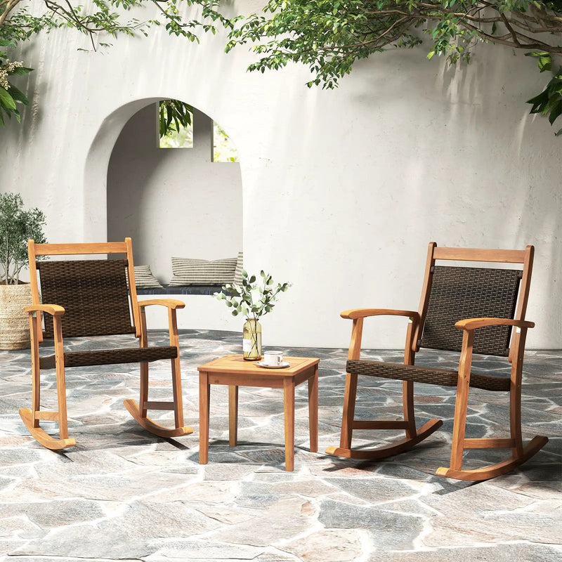 3 Pieces Acacia Wood Patio Rocking Chair Set with Side Table by DirectDeals