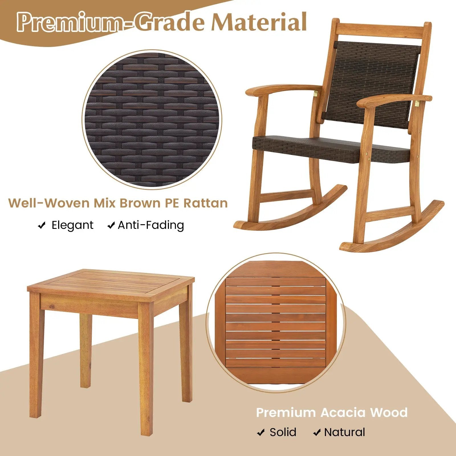 3 Pieces Acacia Wood Patio Rocking Chair Set with Side Table by DirectDeals