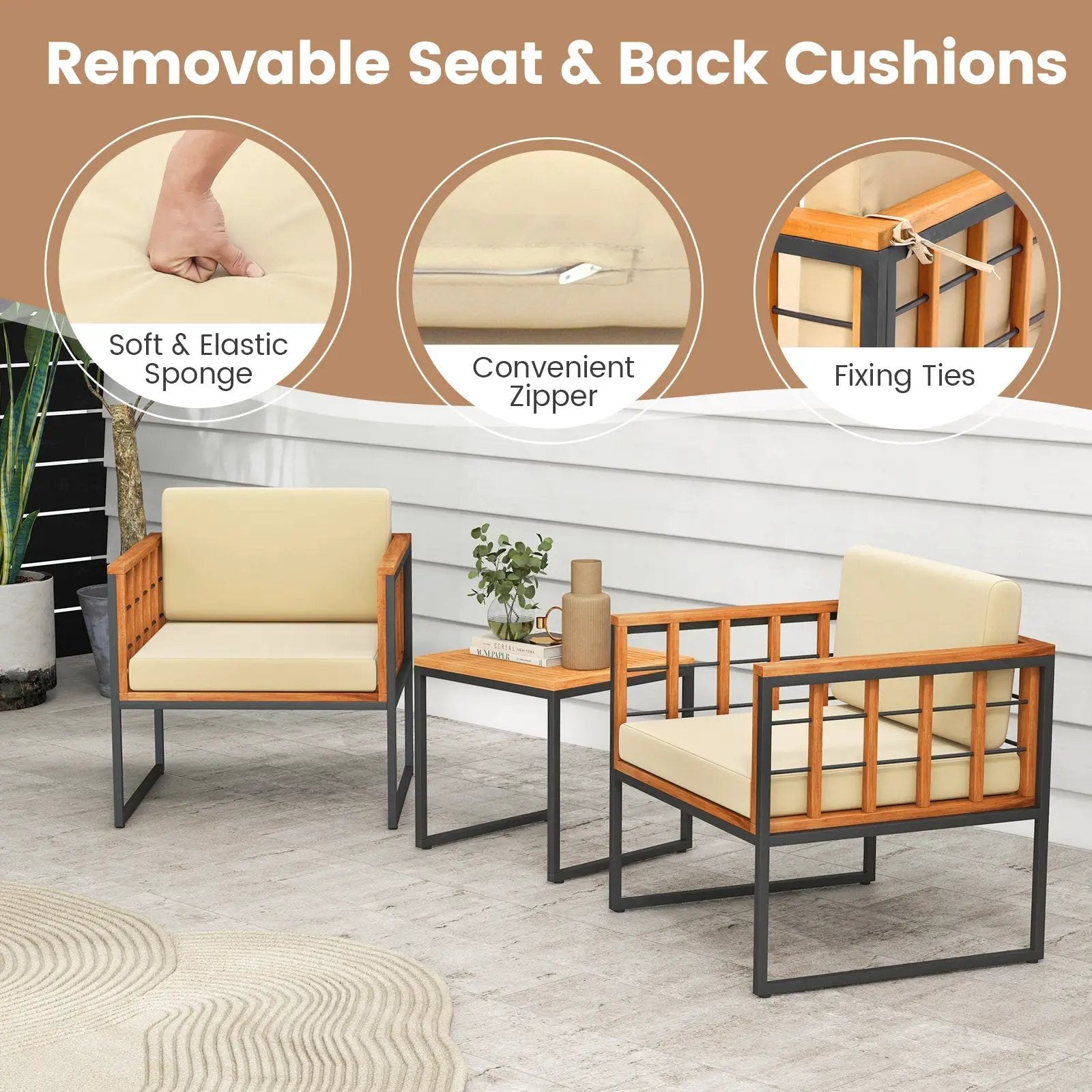 3 Pieces Patio Chair Set Acacia Wood Outdoor Sofa Set with Soft Cushions-Beige by DirectDeals
