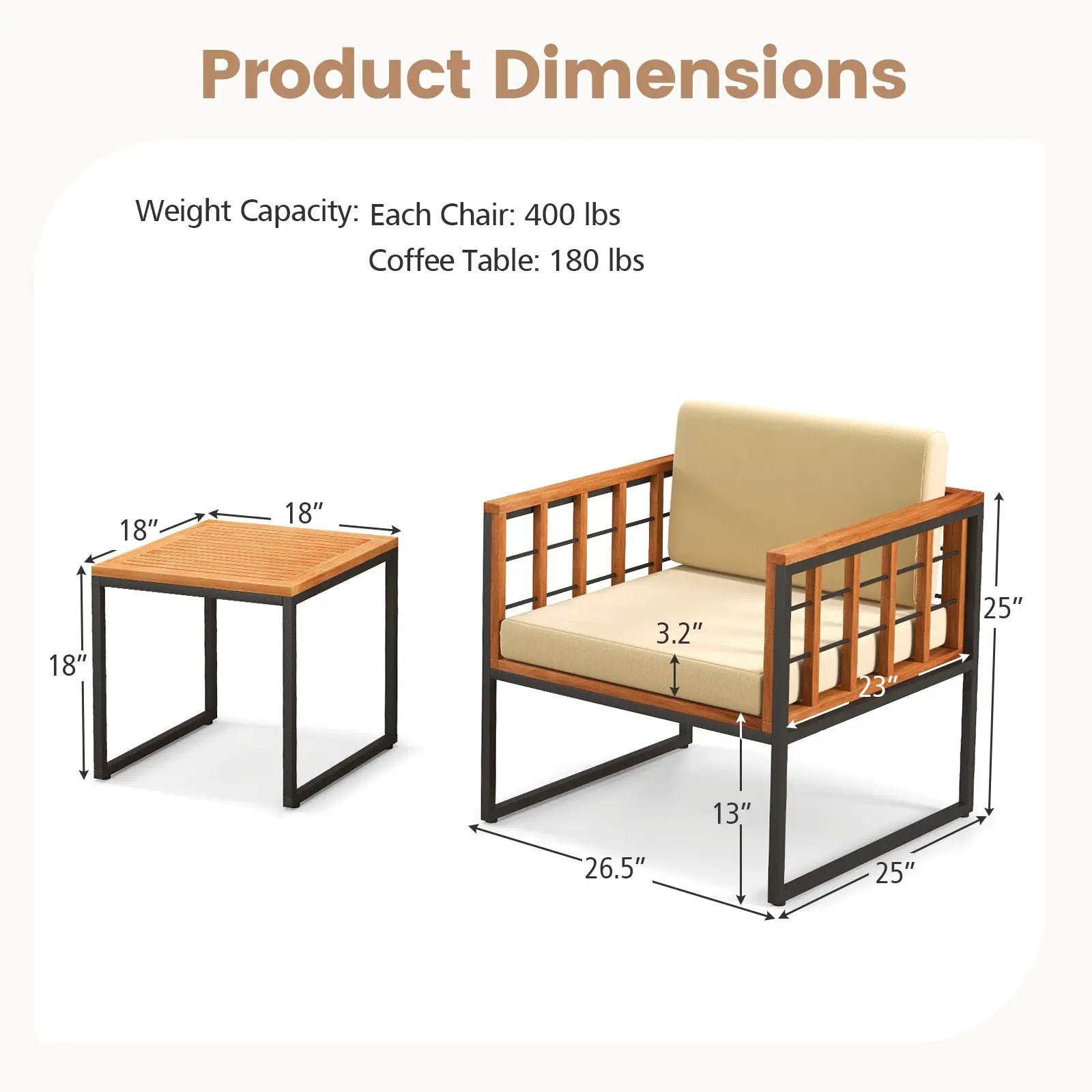 3 Pieces Patio Chair Set Acacia Wood Outdoor Sofa Set with Soft Cushions-Beige by DirectDeals