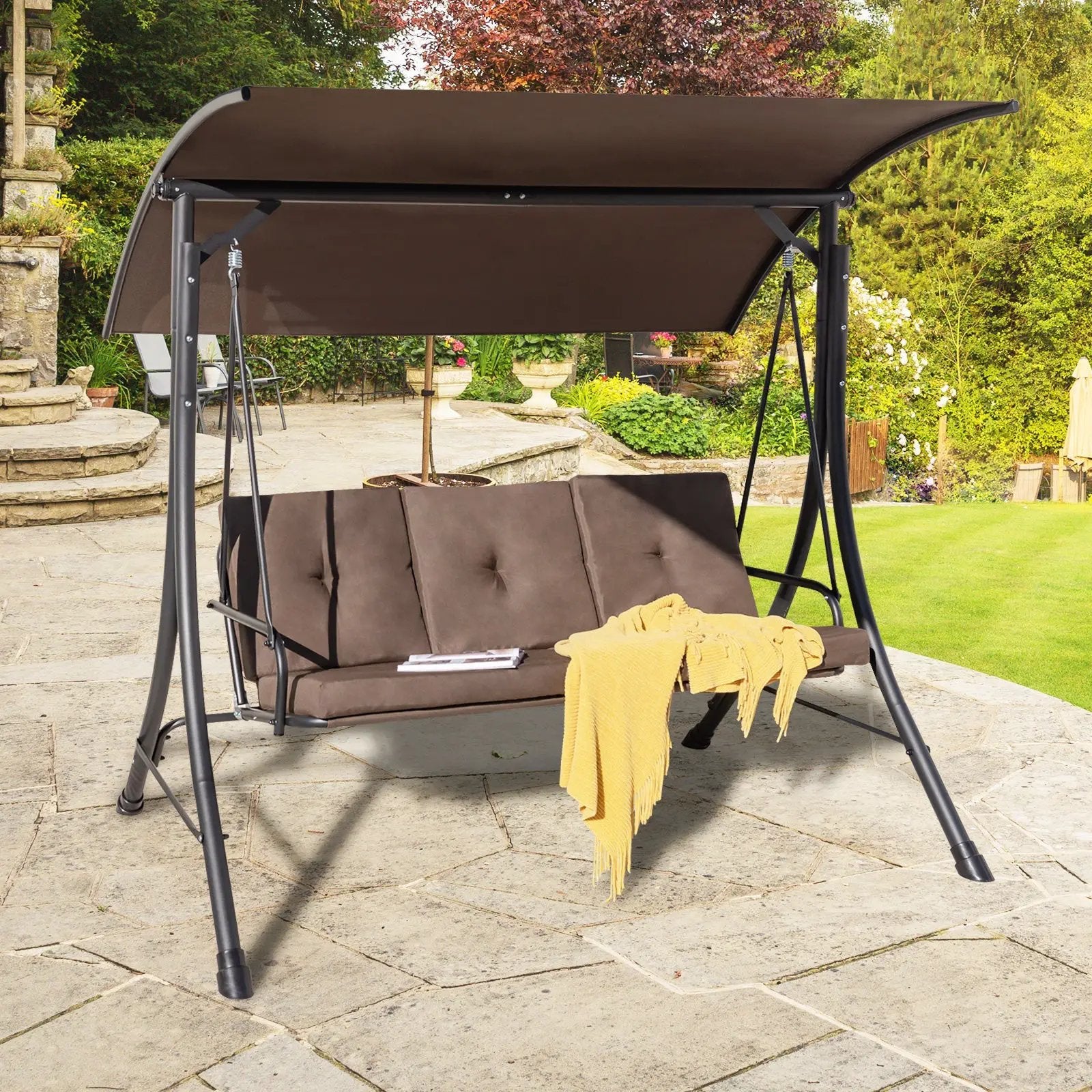 3-Seat Outdoor Porch Swing with Adjustable Canopy and Padded Cushions by DirectDeals