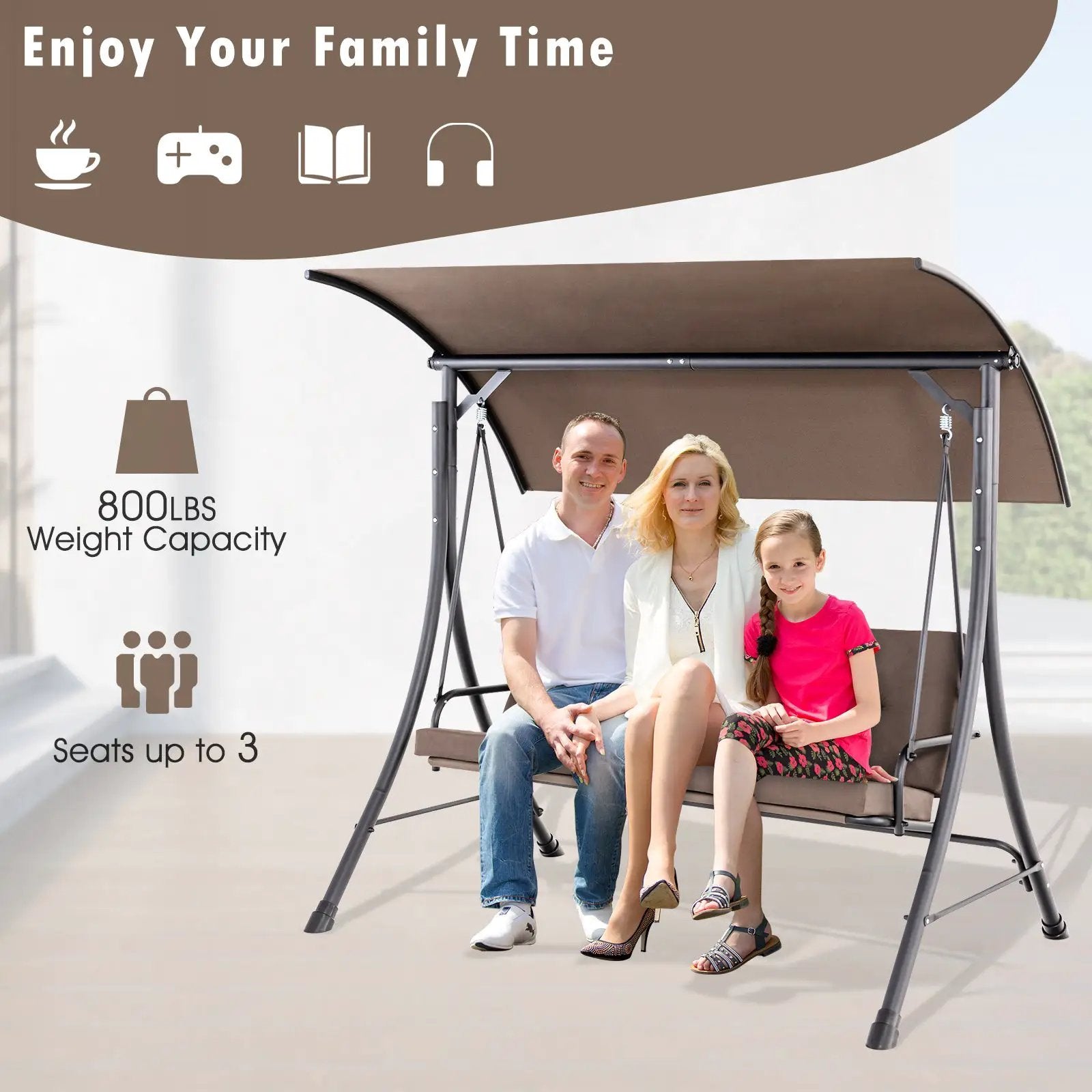 3-Seat Outdoor Porch Swing with Adjustable Canopy and Padded Cushions by DirectDeals