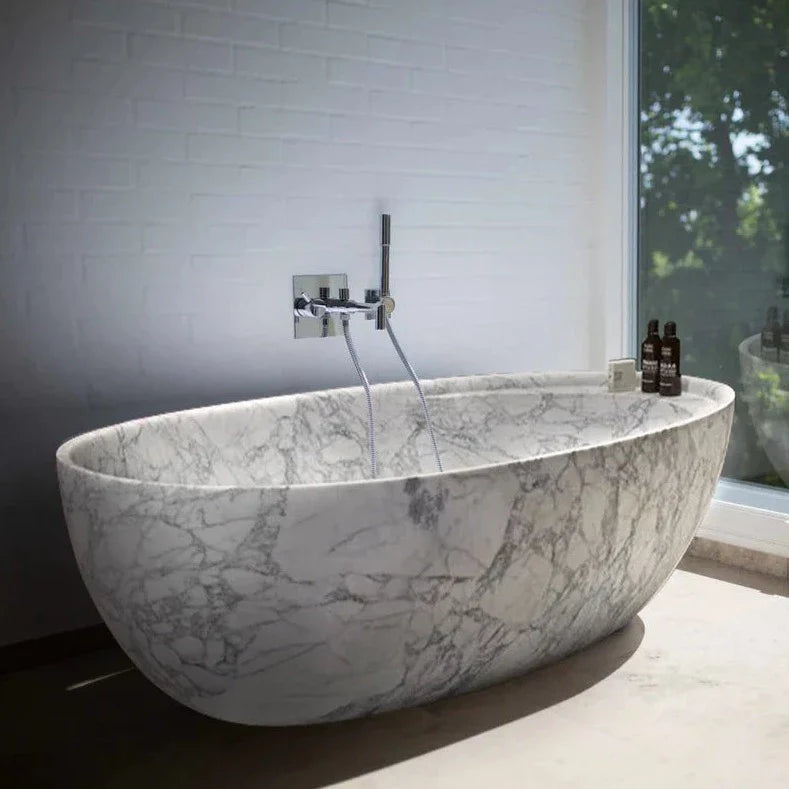 Statuario White Marble Bathtub Hand-carved from Solid Marble Block (W)32" (L)68" (H)20" by GobekDesign