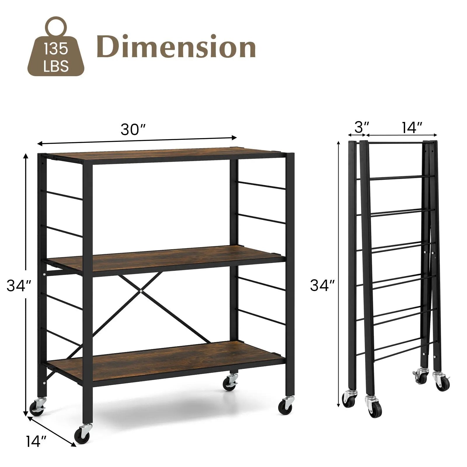 3-Tier Foldable Shelving Unit with Detachable Wheels and Adjustable Shelves by DirectDeals