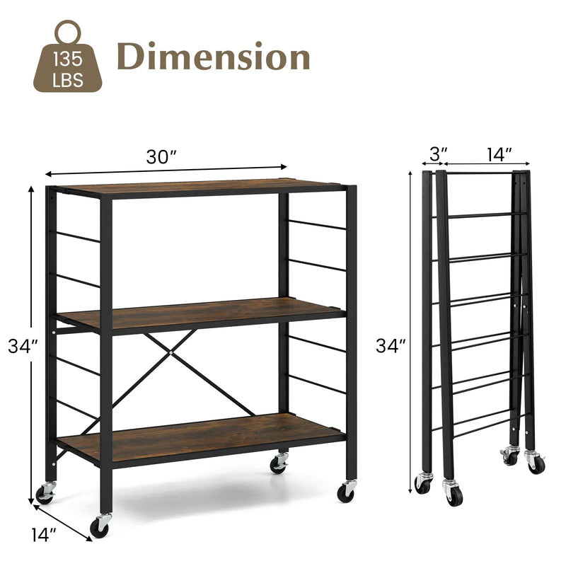3-Tier Foldable Shelving Unit with Detachable Wheels and Adjustable Shelves by DirectDeals