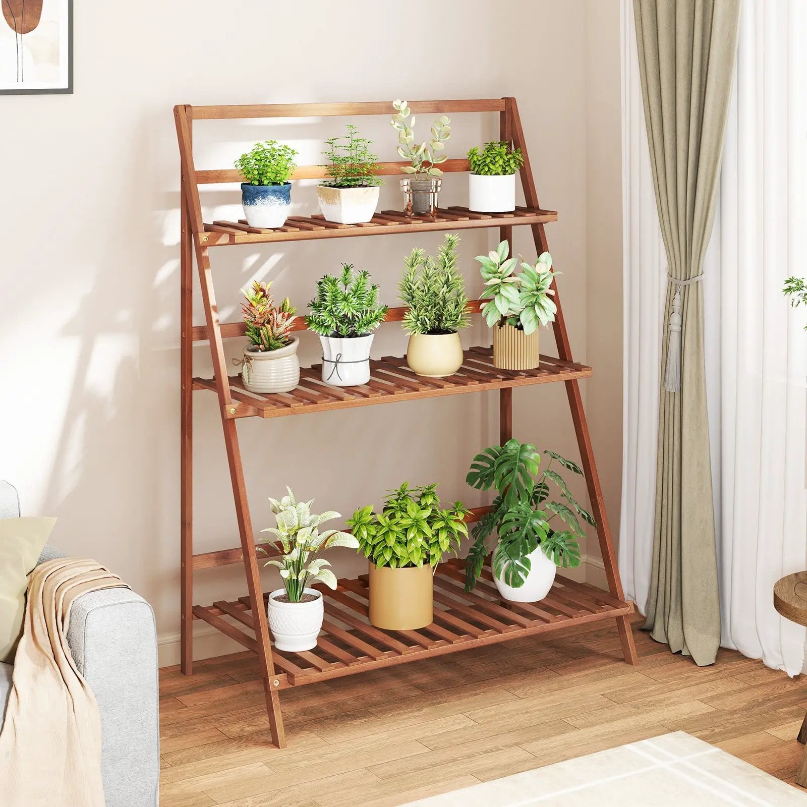 3-Tier Bamboo Ladder Shelf Foldable Plant Flower Bookshelf-Brown by DirectDeals