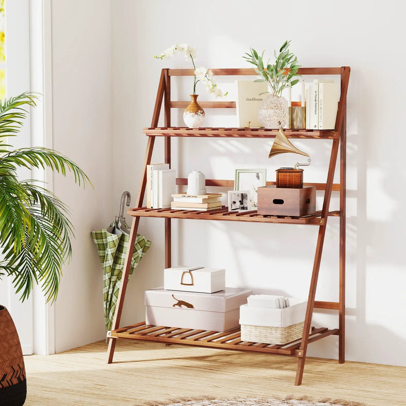 3-Tier Bamboo Ladder Shelf Foldable Plant Flower Bookshelf-Brown by DirectDeals