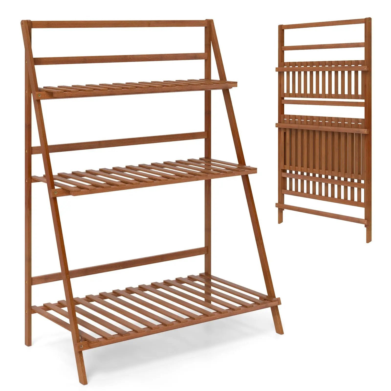 3-Tier Bamboo Ladder Shelf Foldable Plant Flower Bookshelf-Brown by DirectDeals
