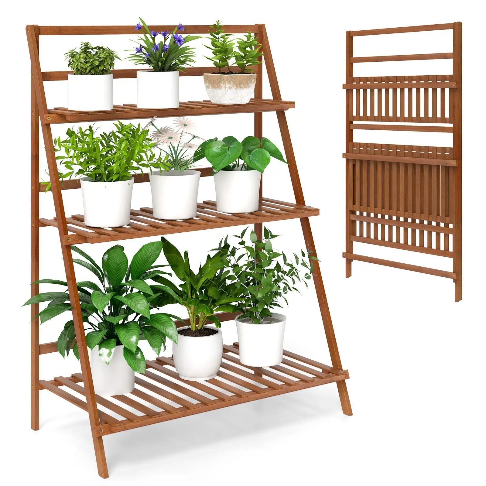 3-Tier Bamboo Ladder Shelf Foldable Plant Flower Bookshelf-Brown by DirectDeals