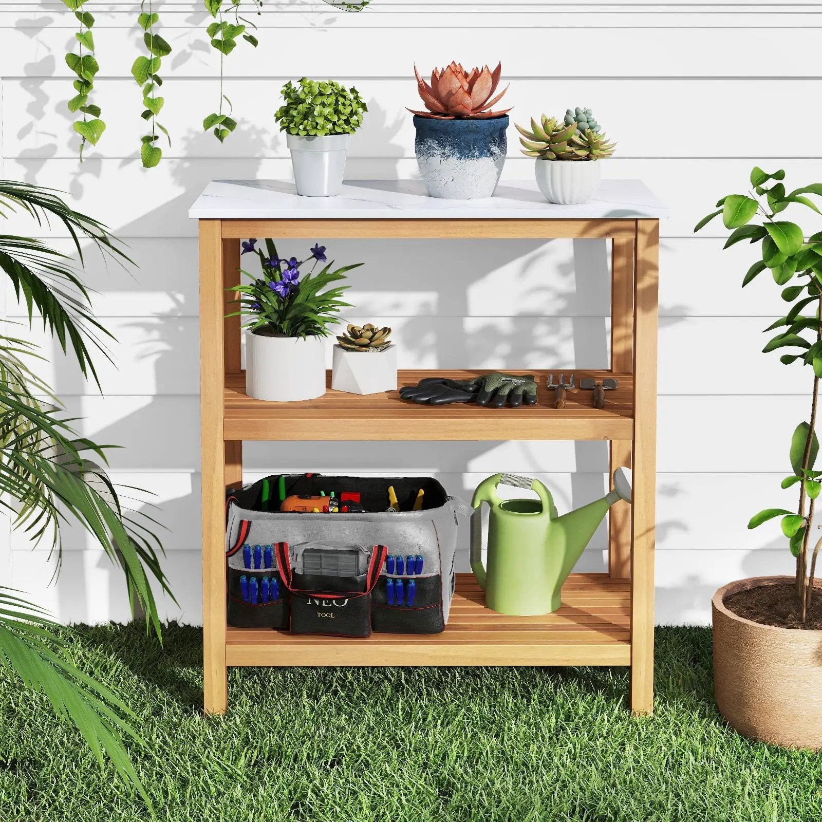 3-Tier Garden Potting Bench Table with Marble-Like Countertop by DirectDeals