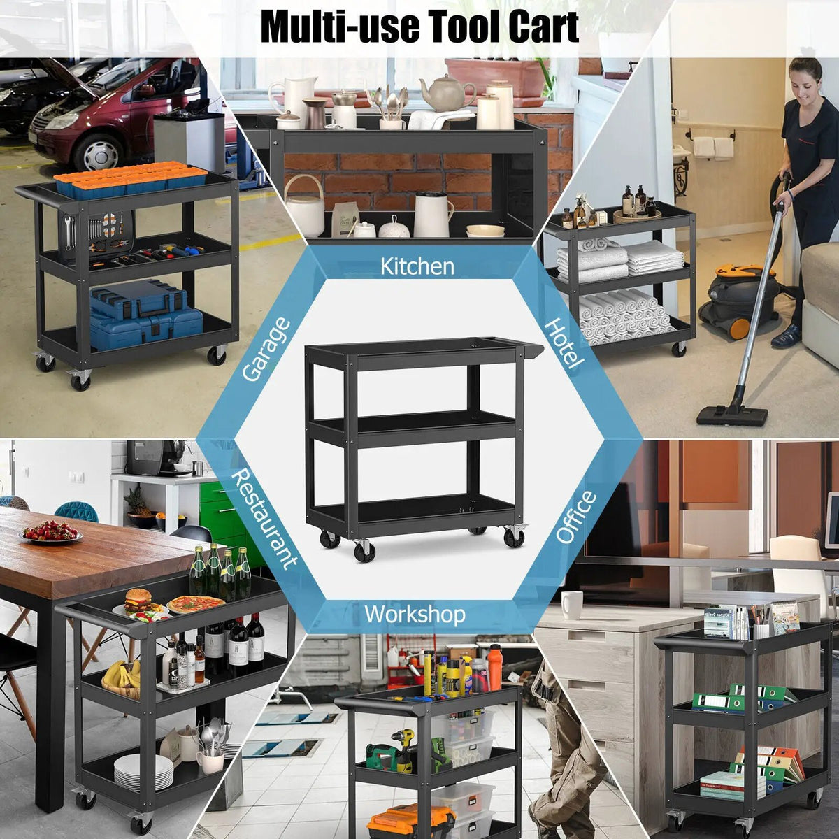3-Tier Metal Utility Cart Trolley Tool with Flat Handle and 2 Lockable Universal Wheels, photo 6 of 7