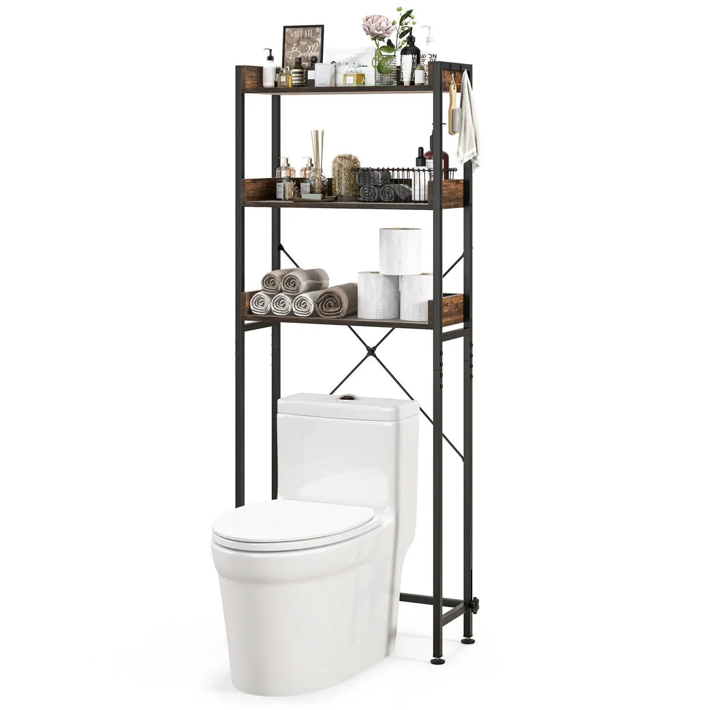 Over The Toilet Storage Rack with Hooks and Adjustable Bottom Bar by DirectDeals