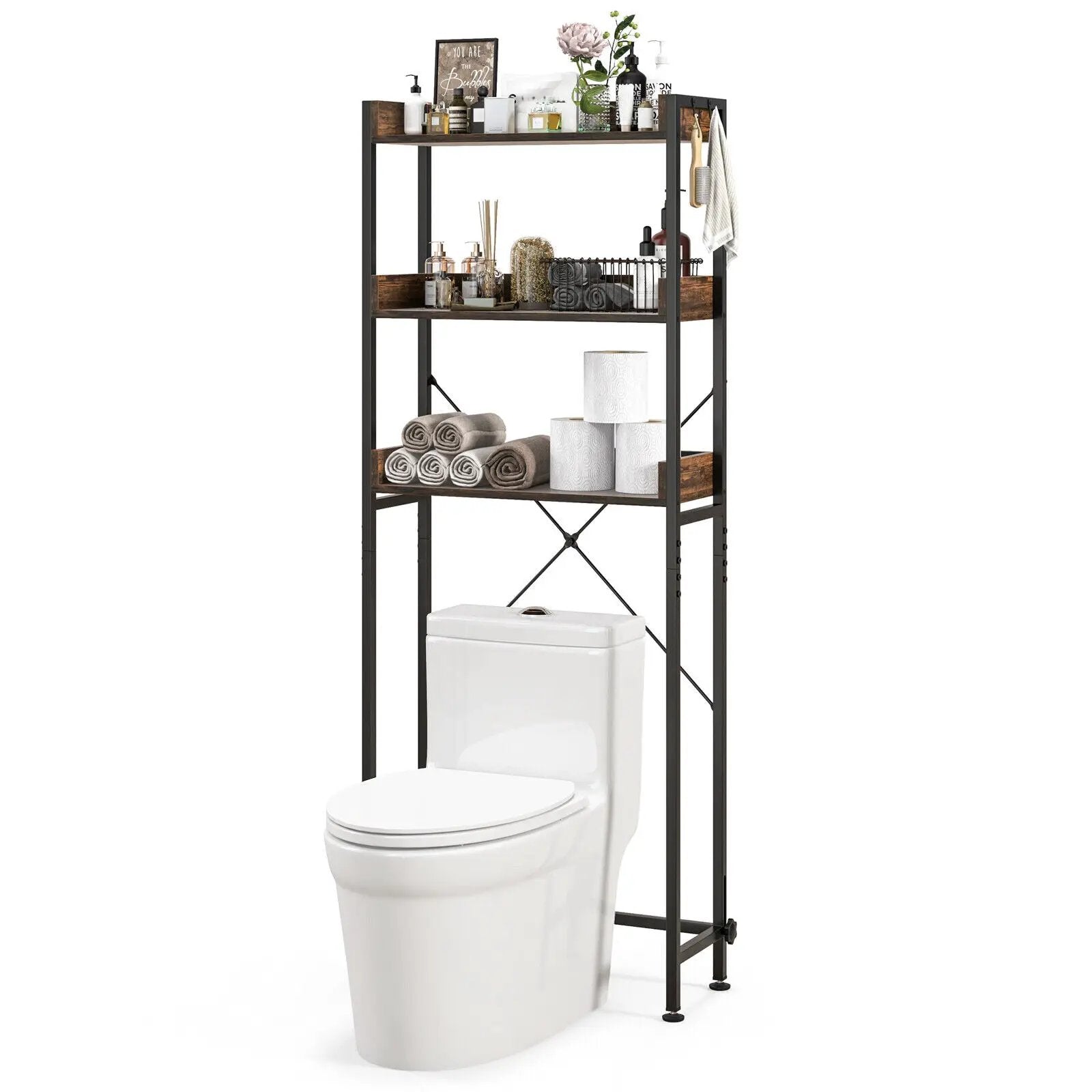 Over The Toilet Storage Rack with Hooks and Adjustable Bottom Bar by DirectDeals