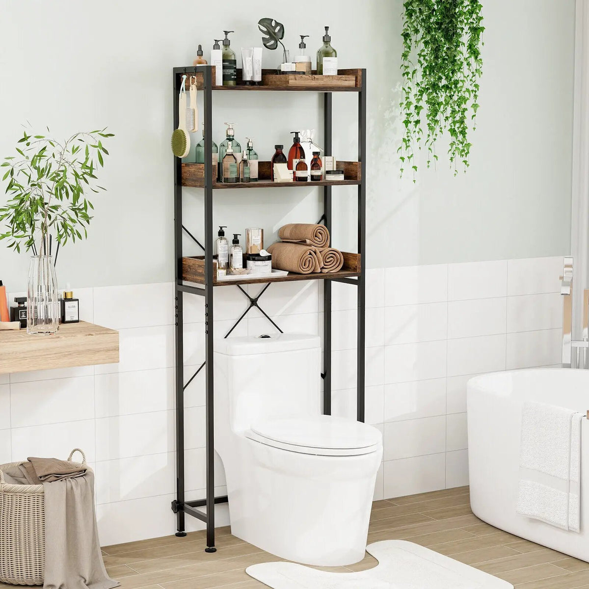 Over The Toilet Storage Rack with Hooks and Adjustable Bottom Bar by DirectDeals