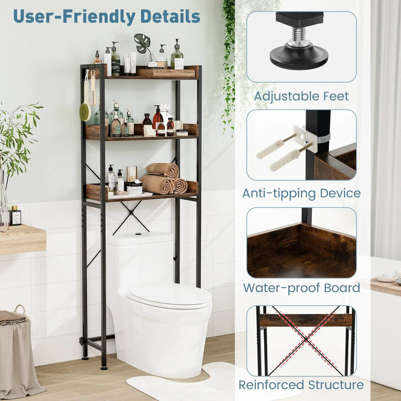 Over The Toilet Storage Rack with Hooks and Adjustable Bottom Bar by DirectDeals