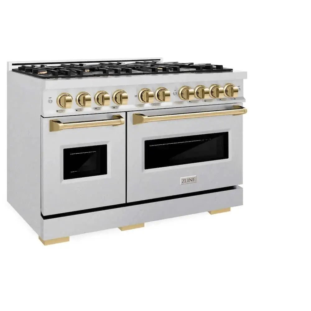 ZLINE 48" Classic Gas Range, Convection Gas Oven DuraSnow® Stainless Steel, Gold CGRSZ-48-G by Farmhouse Kitchen and Bath