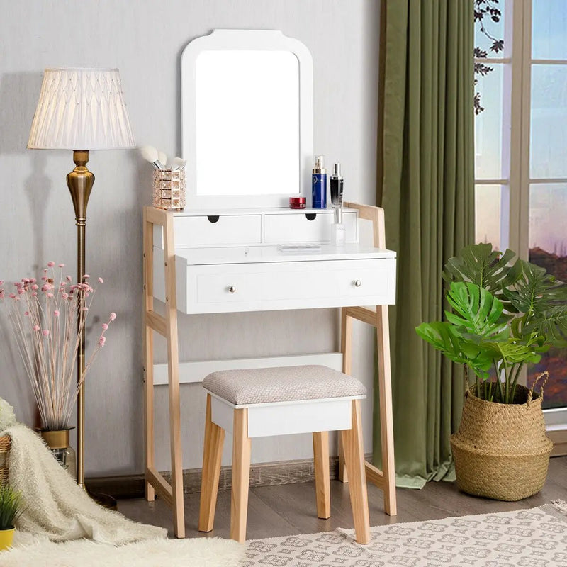 Vanity Table Set with Cushioned Stool and Large Mirror by DirectDeals