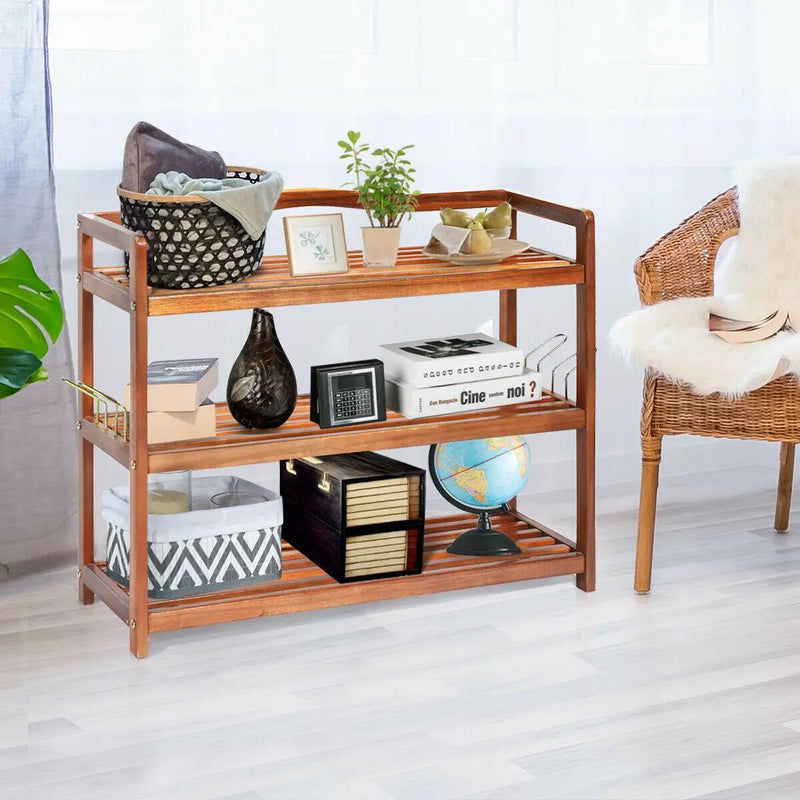 2-Tier Acacia Wood Shoe Rack with 4 Side Metal Hooks by DirectDeals