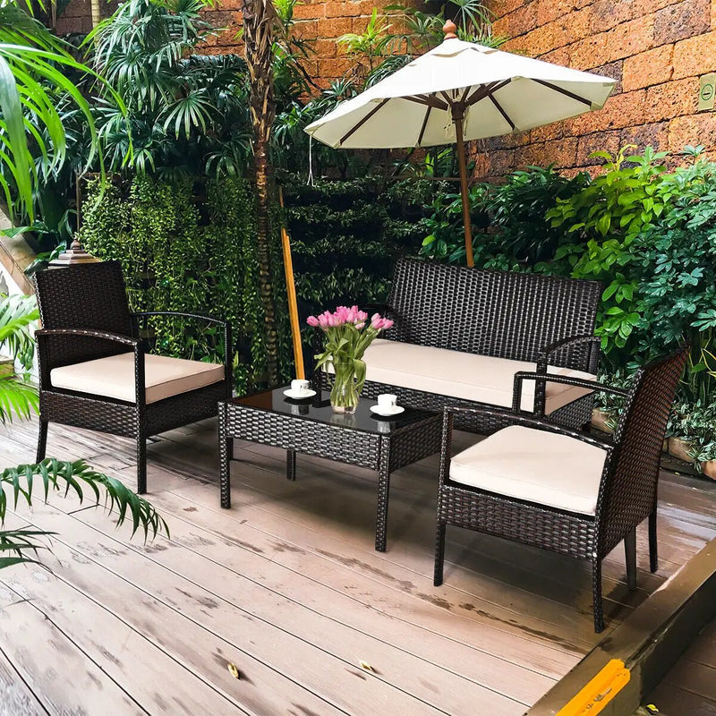 4 Pieces Patio Rattan Conversation Set with Loveseat Sofas and Coffee Table by DirectDeals