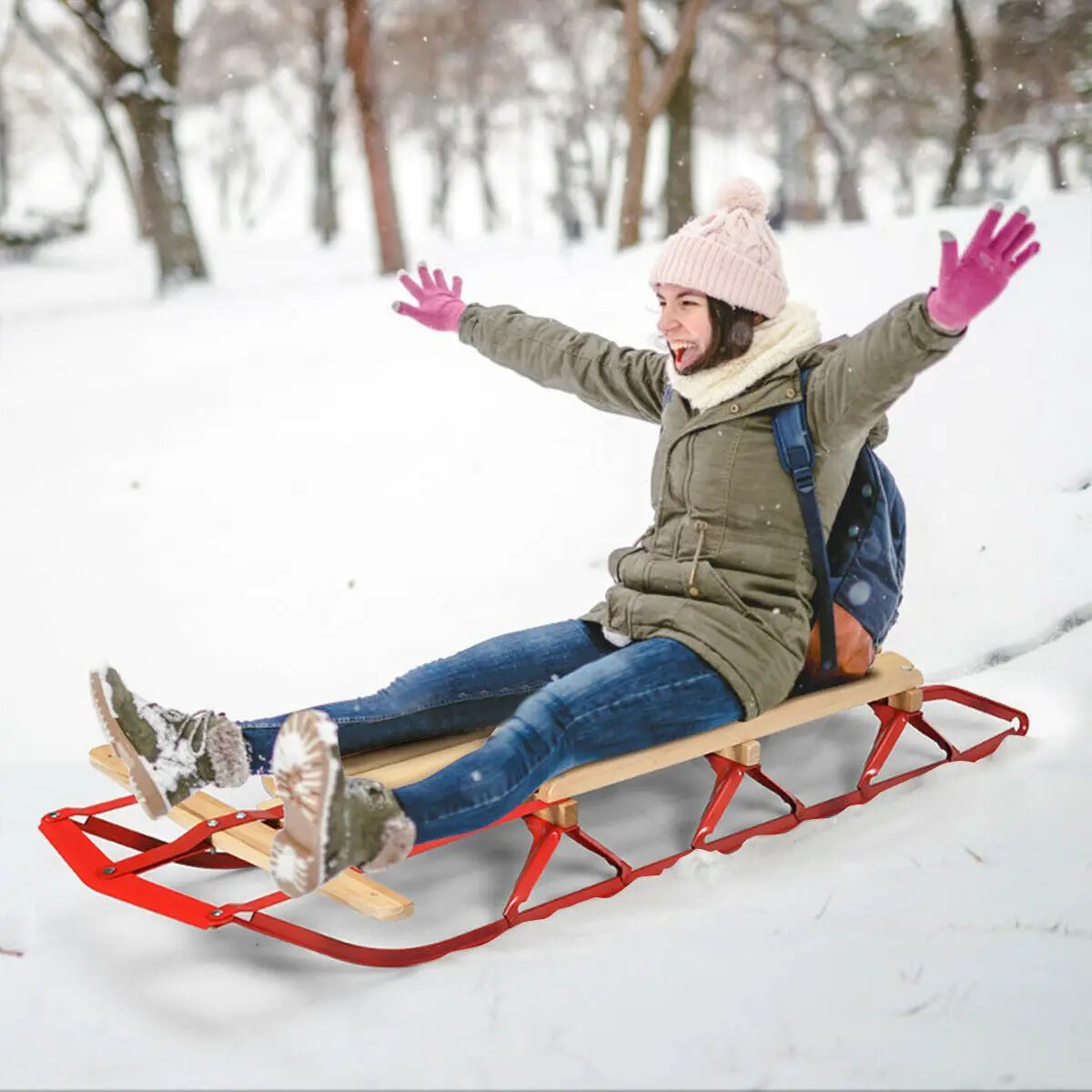 54 Inch Wood Snow Sled with Metal Runners and Steering Bar, photo 2 of 16