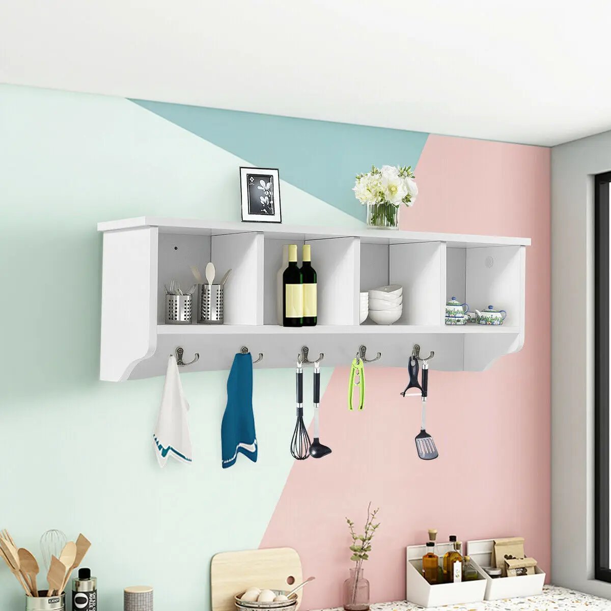 Wall-Mounted Storage Cabinet Hanging Entryway Shelf Coat Rack, photo 7 of 9