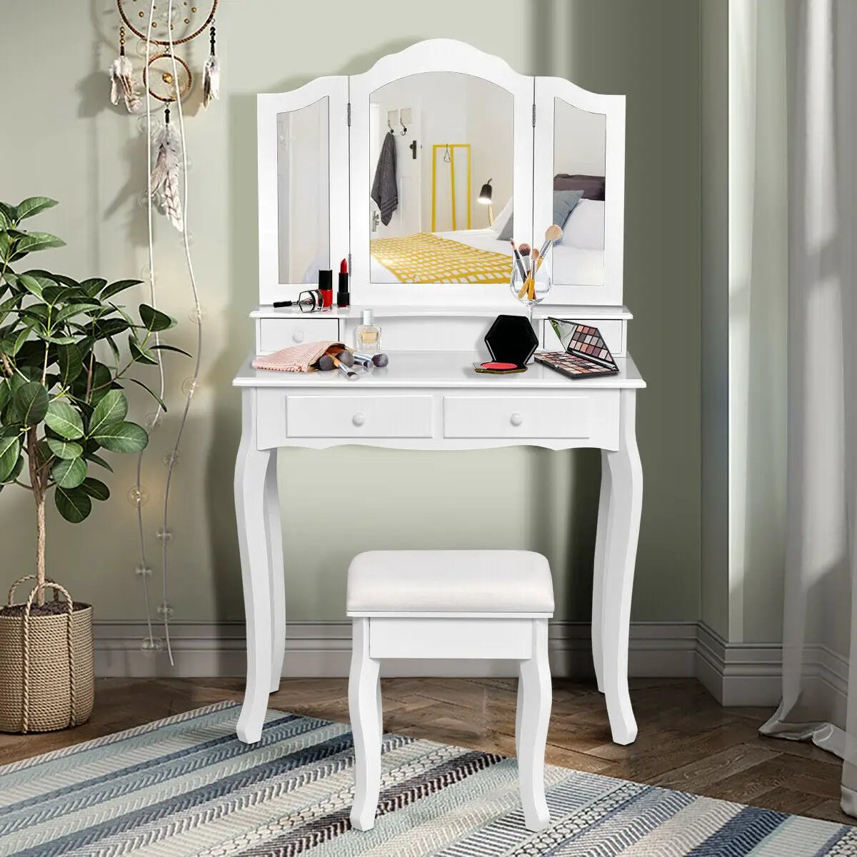 4 Drawers Wood Mirrored Vanity Dressing Table with Stool, photo 2 of 16