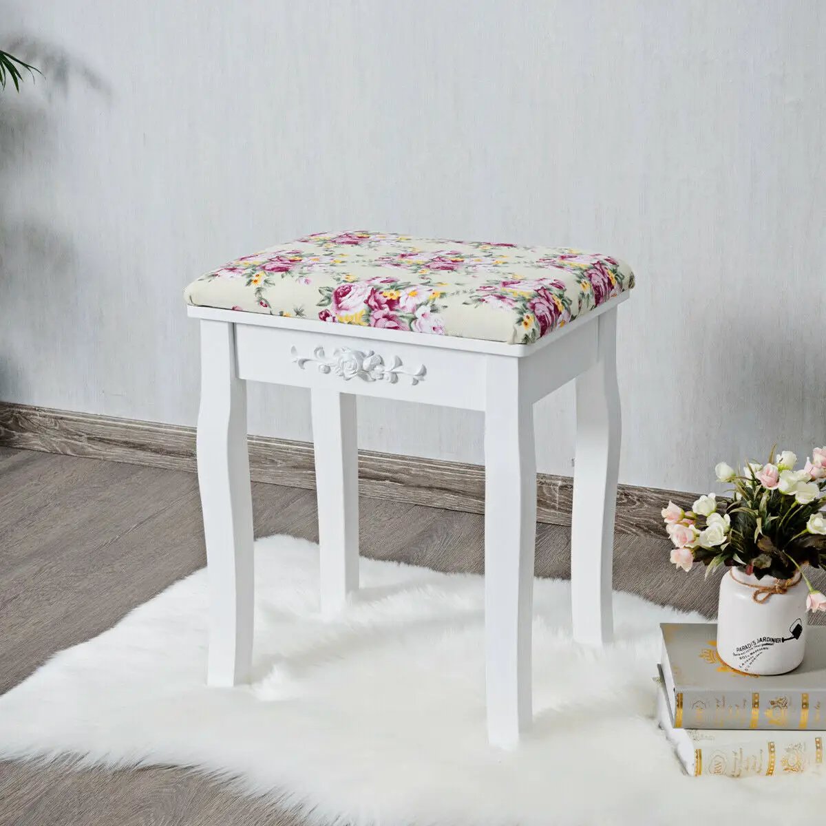 Vanity Wood Dressing Stool Padded Piano Seat with Rose Cushion, photo 15 of 16