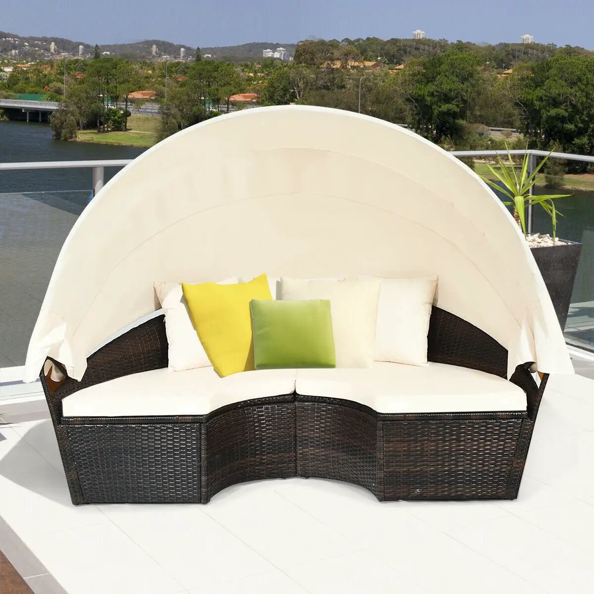 Patio Round Daybed Rattan Furniture Sets with Canopy, photo 4 of 24