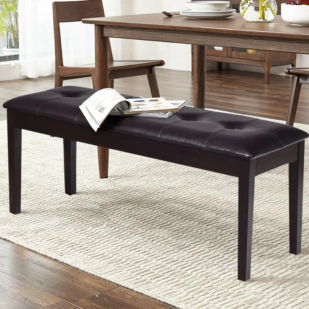 Upholstered Dining Room PU Bench Solid Wood Button Tufted by DirectDeals