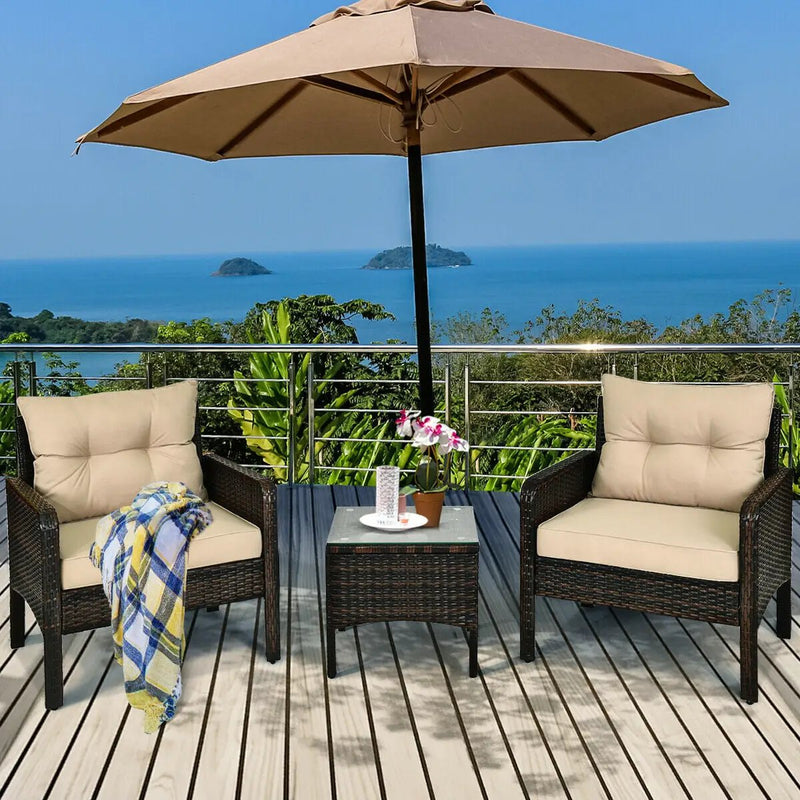 3 Pcs Outdoor Patio Rattan Conversation Set with Seat Cushions-Black by DirectDeals