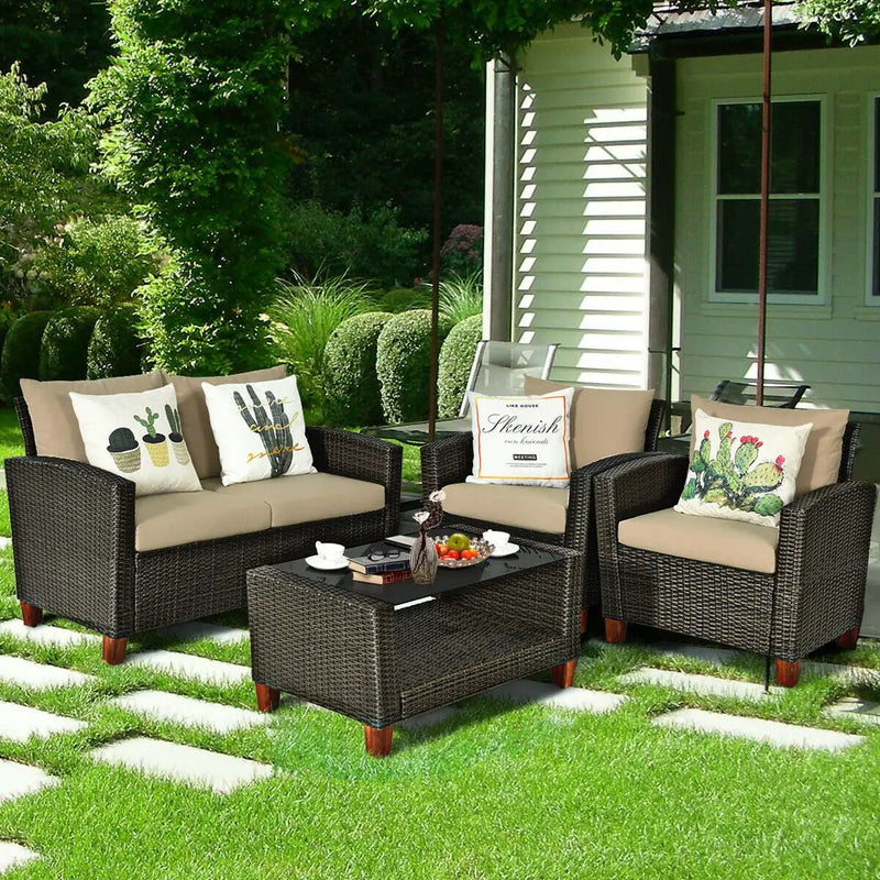 4 Pieces Patio Rattan Furniture Set with Cushions by DirectDeals