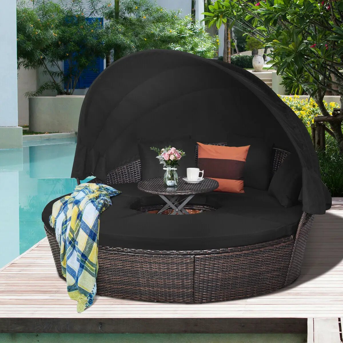 Patio Round Daybed Rattan Furniture Sets with Canopy, photo 6 of 24
