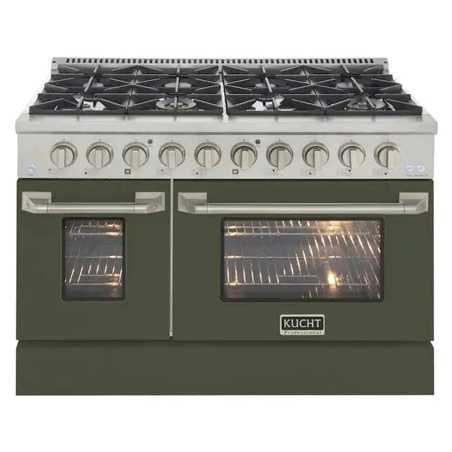 Kucht 48" Propane Range in Stainless Steel, Olive Green Doors, KNG481/LP-OG by Farmhouse Kitchen and Bath