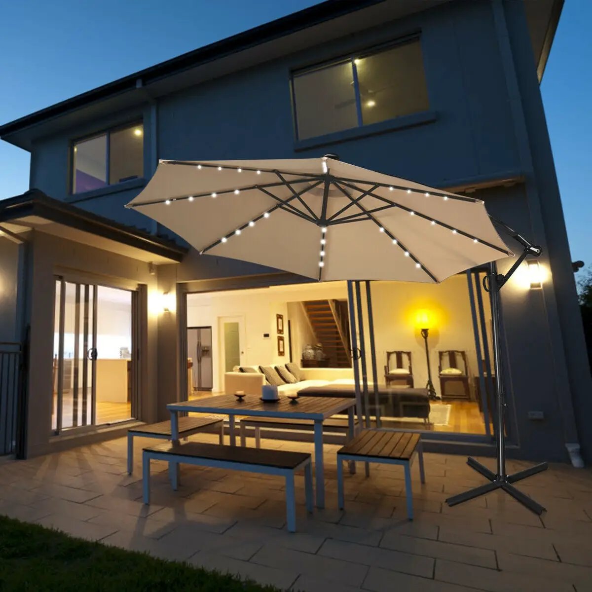 10 Feet 360° Rotation Solar Powered LED Patio Offset Umbrella without Weight Base-Gray by DirectDeals