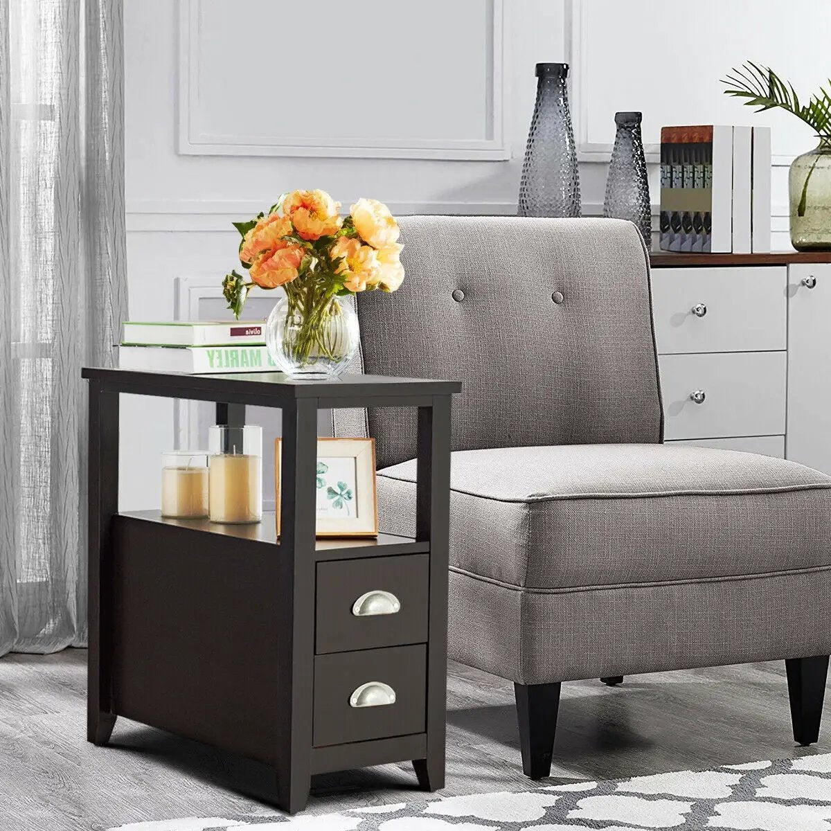 Set of 2 End Table Wooden with 2 Drawer & Shelf Bedside Table by DirectDeals