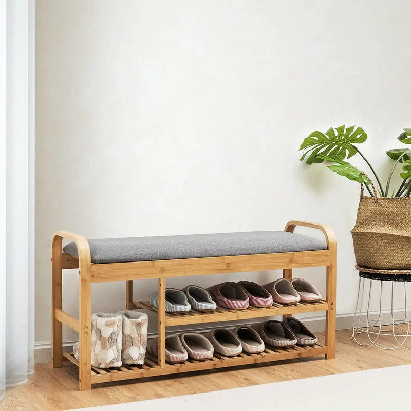 3-Tier Bamboo Shoe Rack Bench with Cushion-Natural by DirectDeals
