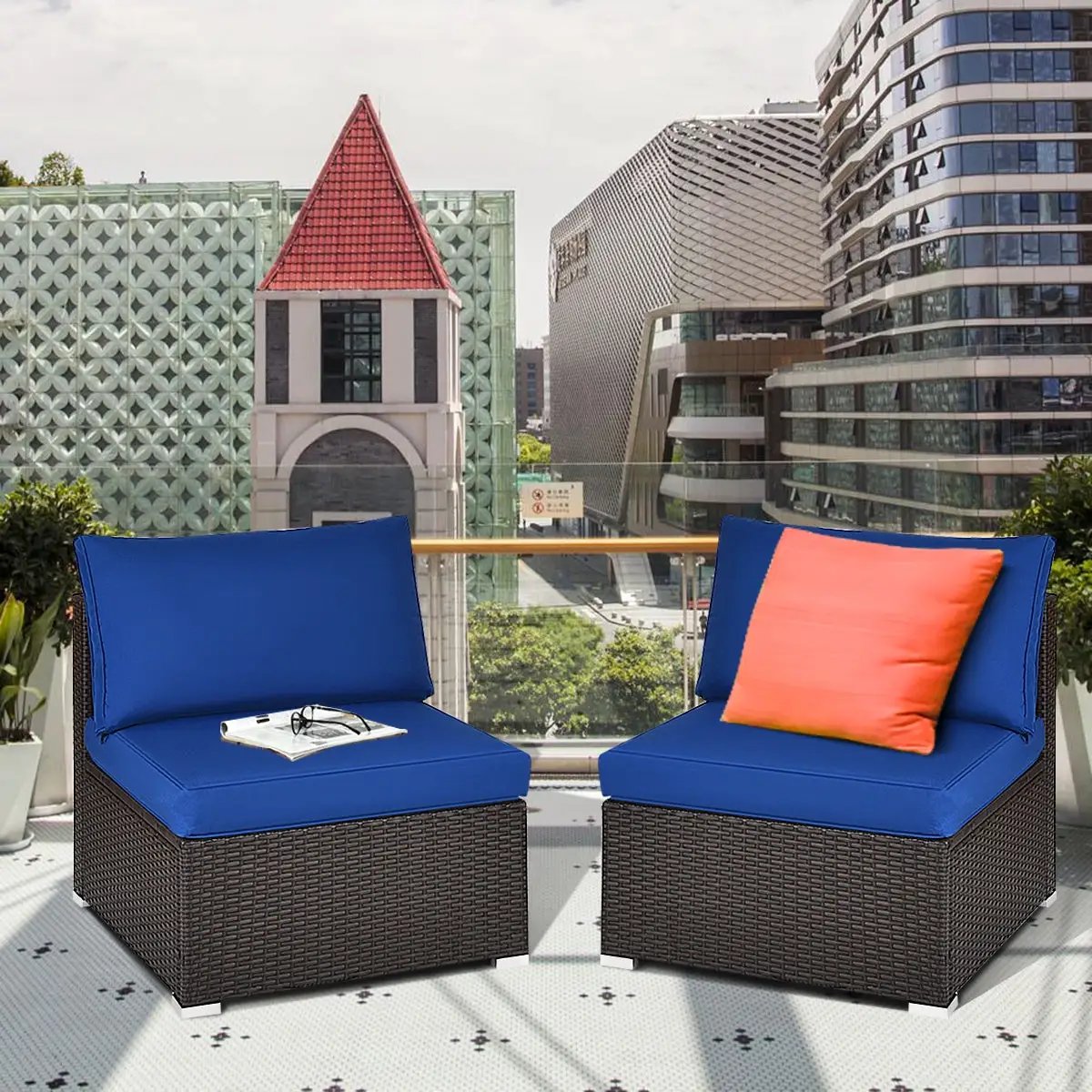 2 Pieces Patio Rattan Armless Sofa Set with 2 Cushions and 2 Pillows by DirectDeals